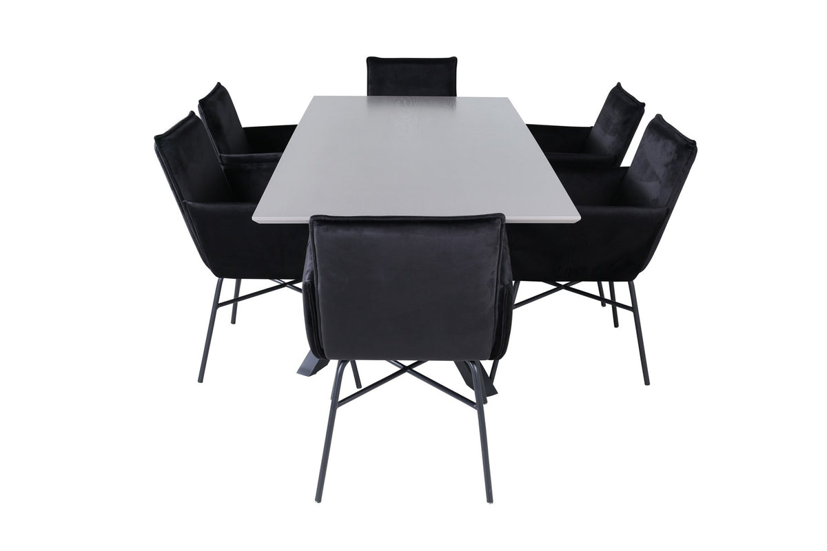 Esszimmerset mit rechteckigem Tisch, grauer MDF-Furnier-Platte, gekreuztem Stahlgestell und sechs Petra-Stühlen mit schwarzem Samtsitz.