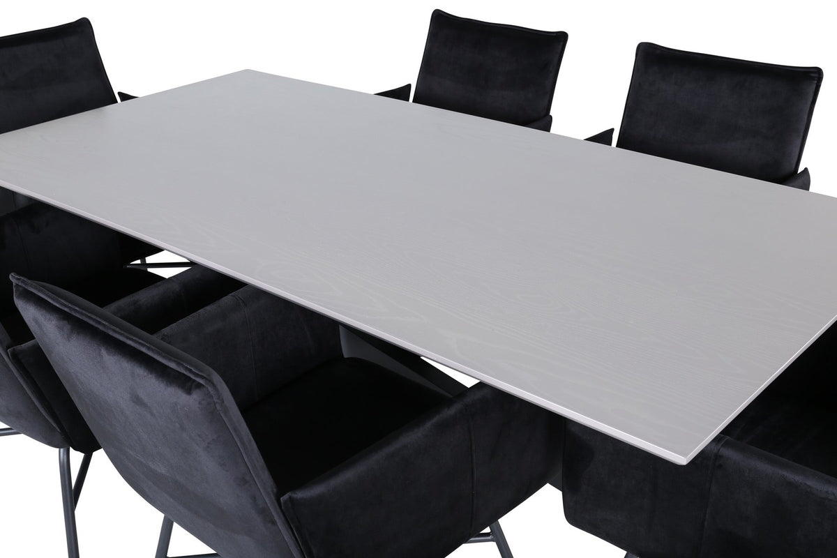 Esszimmerset mit rechteckigem Tisch, grauer MDF-Furnier-Platte, gekreuztem Stahlgestell und sechs Petra-Stühlen mit schwarzem Samtsitz.