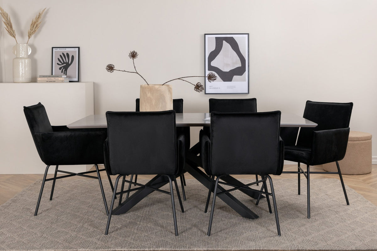 Esszimmerset mit rechteckigem Tisch, grauer MDF-Furnier-Platte, gekreuztem Stahlgestell und sechs Petra-Stühlen mit schwarzem Samtsitz.