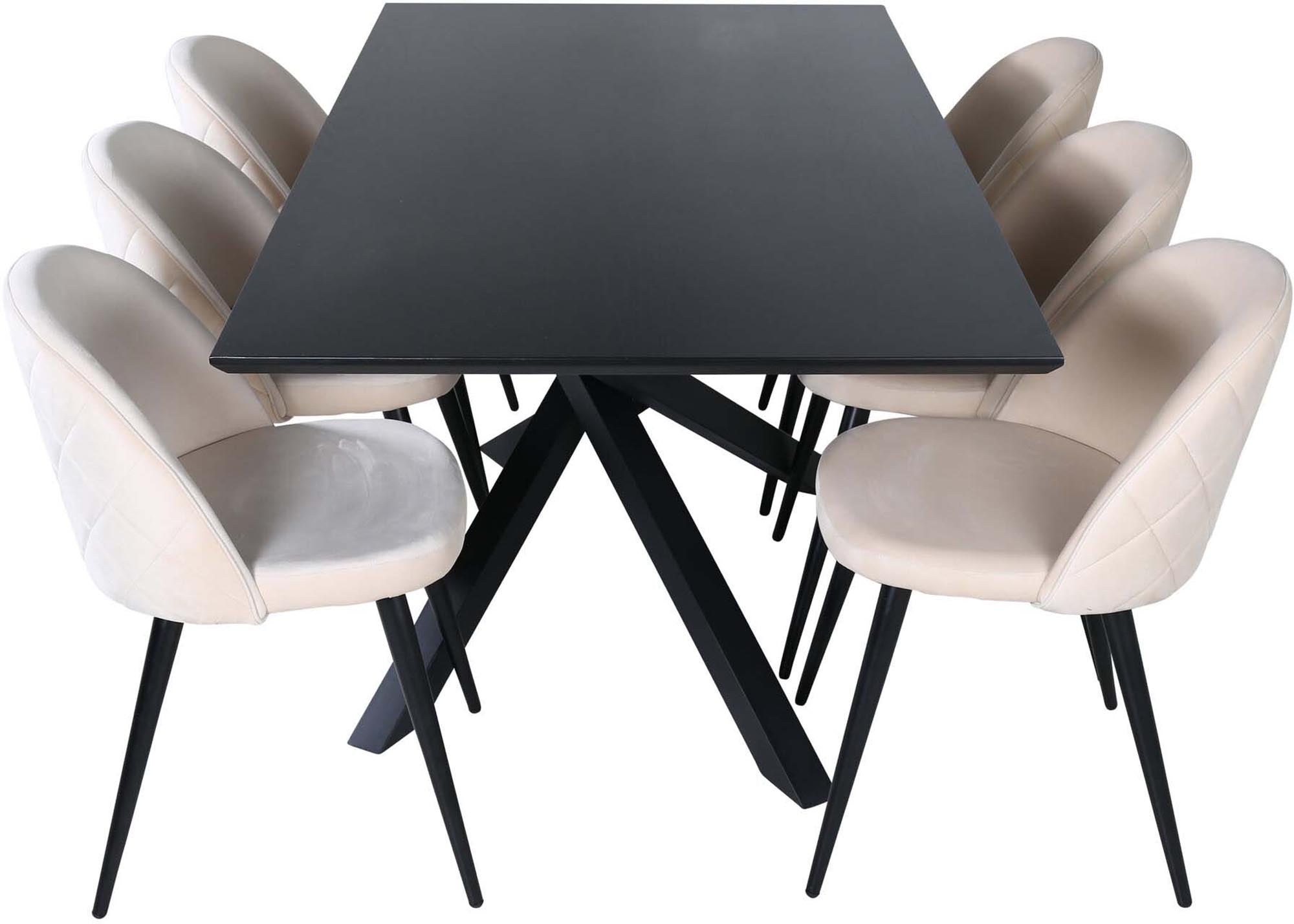 Entdecken Sie das Piazza Esszimmerset von Venture Home: 180 cm Esstisch mit luxuriösen Velvet-Stühlen für stilvolle Essensmomente.