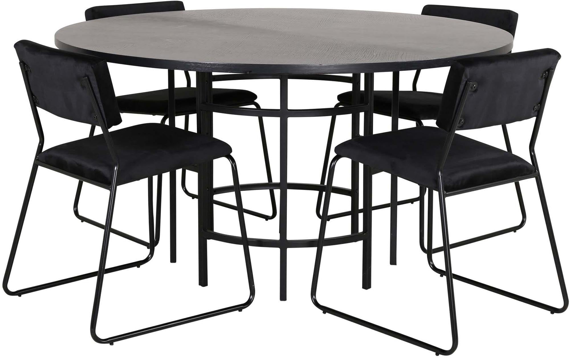 Stilvolles Esszimmerset: Tisch Copenhagen ⌀140cm mit Industrie-Charme & 4 Kenth-Stühle in schwarzem Samt. Eleganz & Komfort vereint.