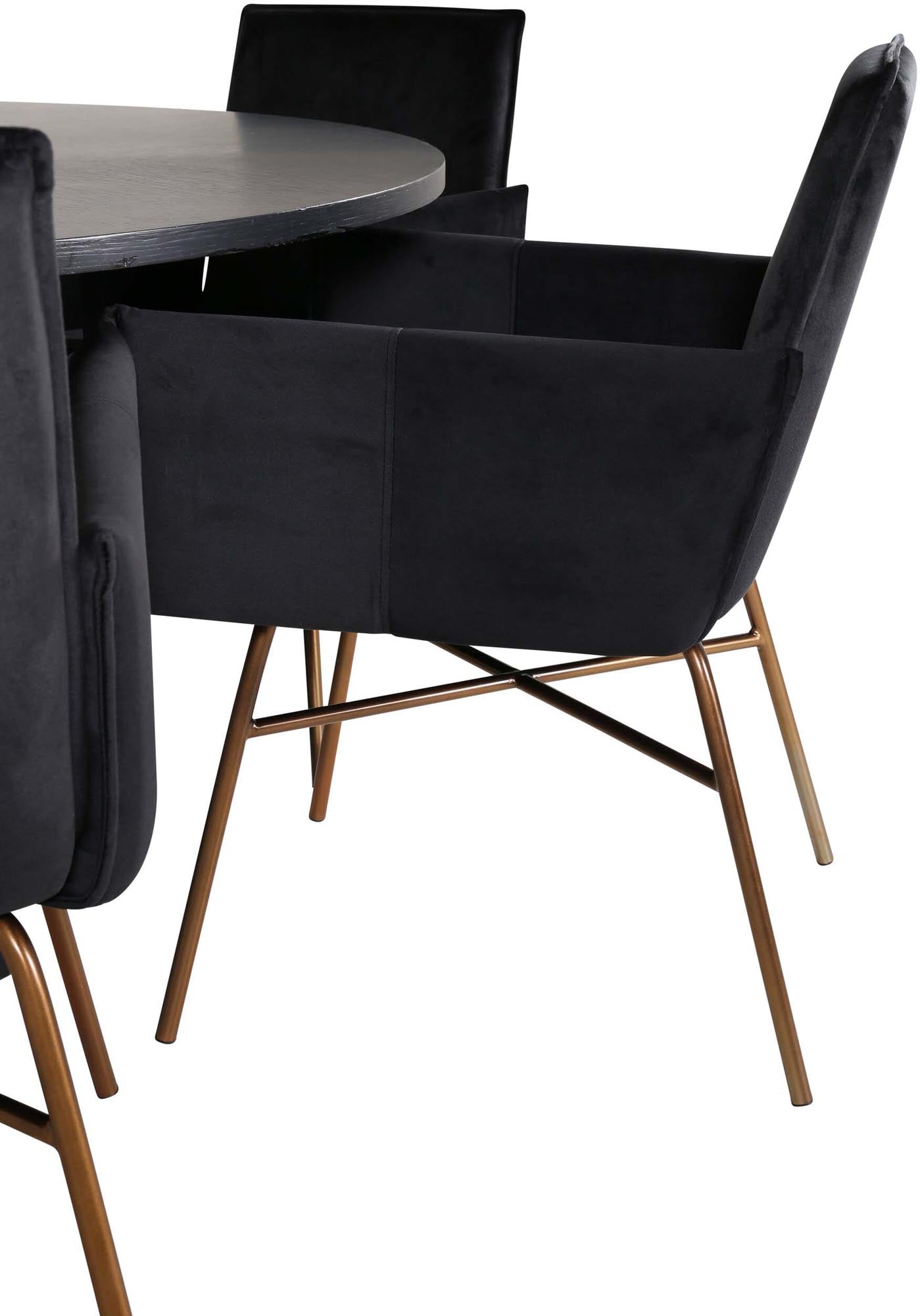 Elegantes Esszimmerset für 6 Personen mit runder Tischplatte aus schwarzem MDF und komfortablen Samtstühlen. Perfekt für jeden Anlass!