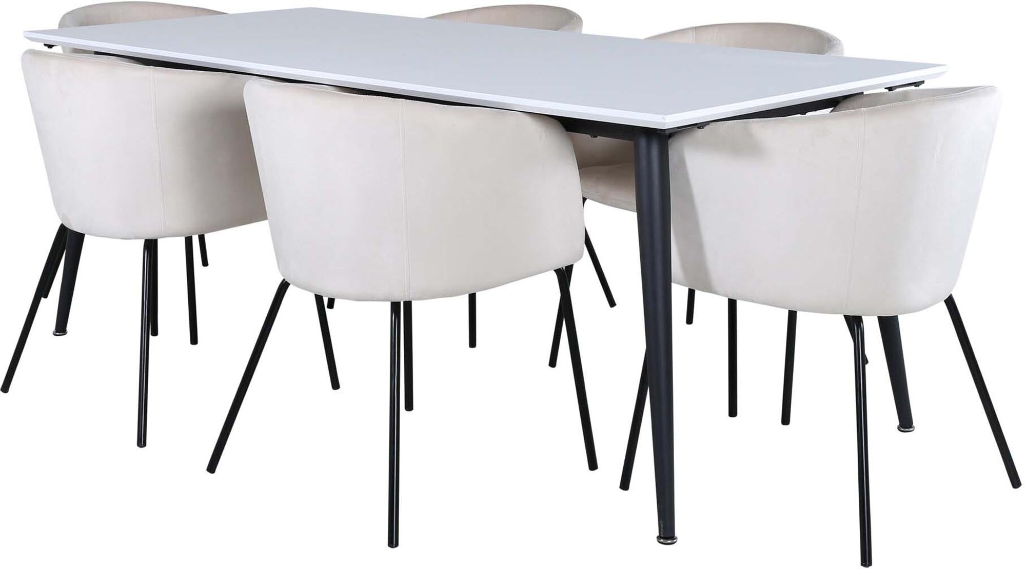 Entdecken Sie das elegante Jimmy Esszimmerset von Venture Home: 6 stilvolle Berit-Stühle und ein flexibler Tisch für unvergessliche Essmomente.