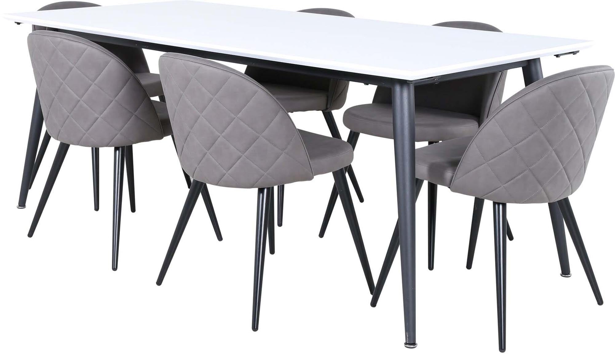 Entdecken Sie das stilvolle Jimmy Esszimmerset + Velvet von Venture Home. Ausziehbarer Tisch und 6 bequeme Stühle für Ihr modernes Esszimmer.