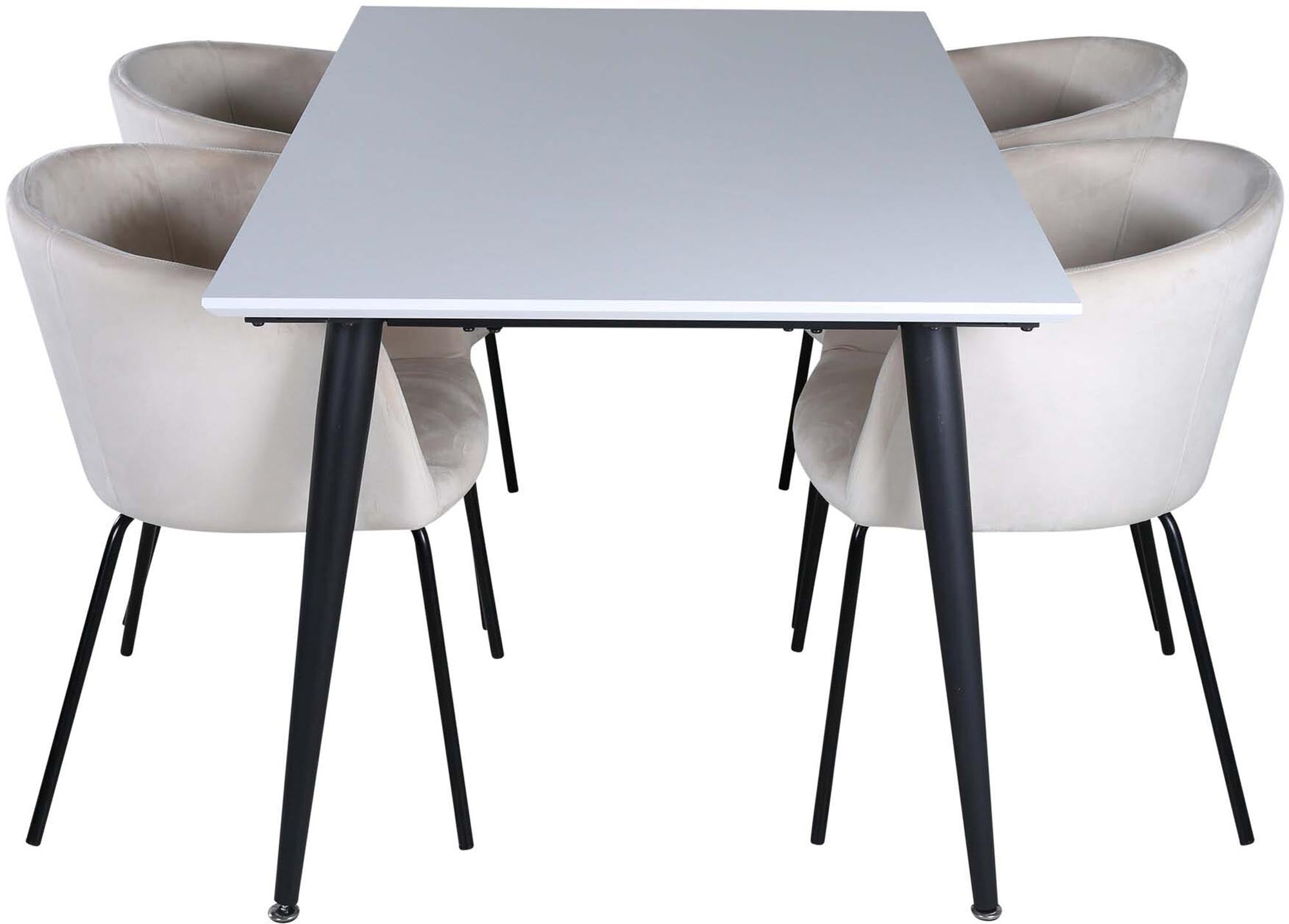 Stilvolles Esszimmerset Jimmy + Berit mit 4 bequemen Stühlen aus Samt. Perfekt für gesellige Runden und zeitlose Eleganz in Ihrem Zuhause.