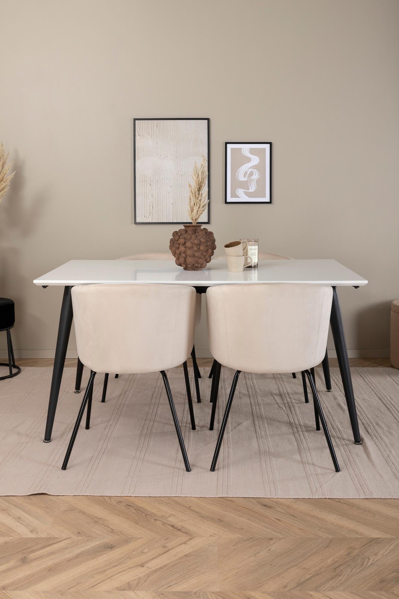 Elegantes Esszimmerset Jimmy + Berit: 4 komfortable Stühle aus Samt und ein ausziehbarer Tisch für gesellige Abende und zeitloses Design.