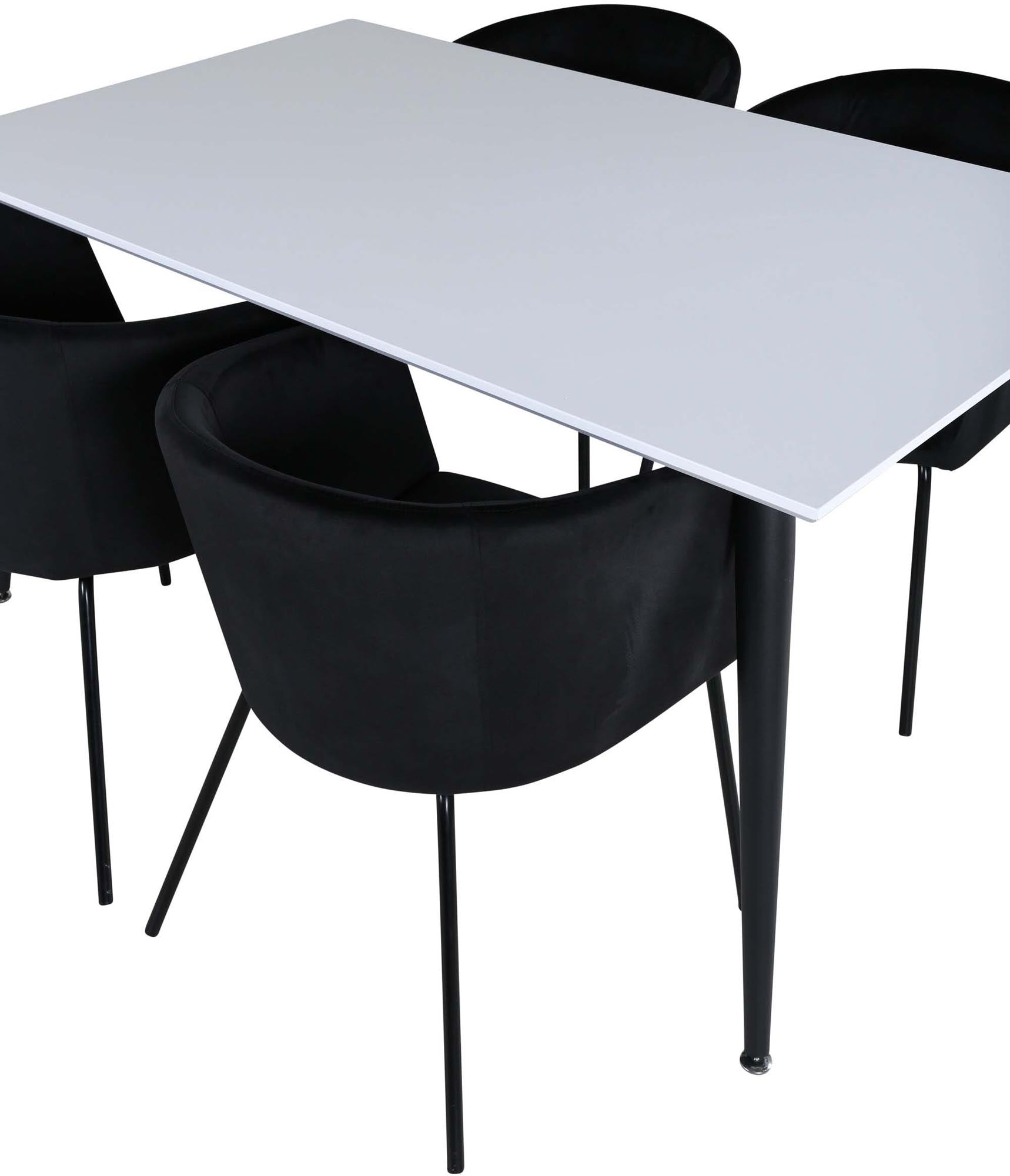 Stilvolles Esszimmerset Jimmy + Berit mit 4 bequemen Stühlen aus Samt. Perfekt für gesellige Runden und zeitlose Eleganz in Ihrem Zuhause.