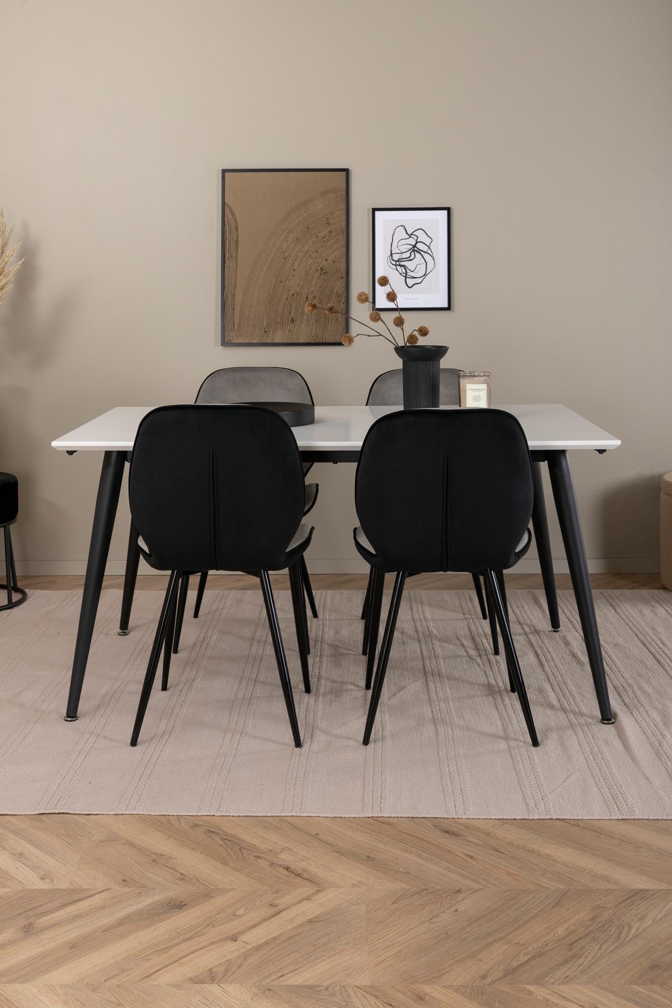 Stilvolles Esszimmerset: Ausziehbarer Tisch (150-240 cm) aus HPL/MDF, ergänzt durch 4 elegante Samtstühle in Hellgrau und Schwarz. Ideal für gesellige Runden.