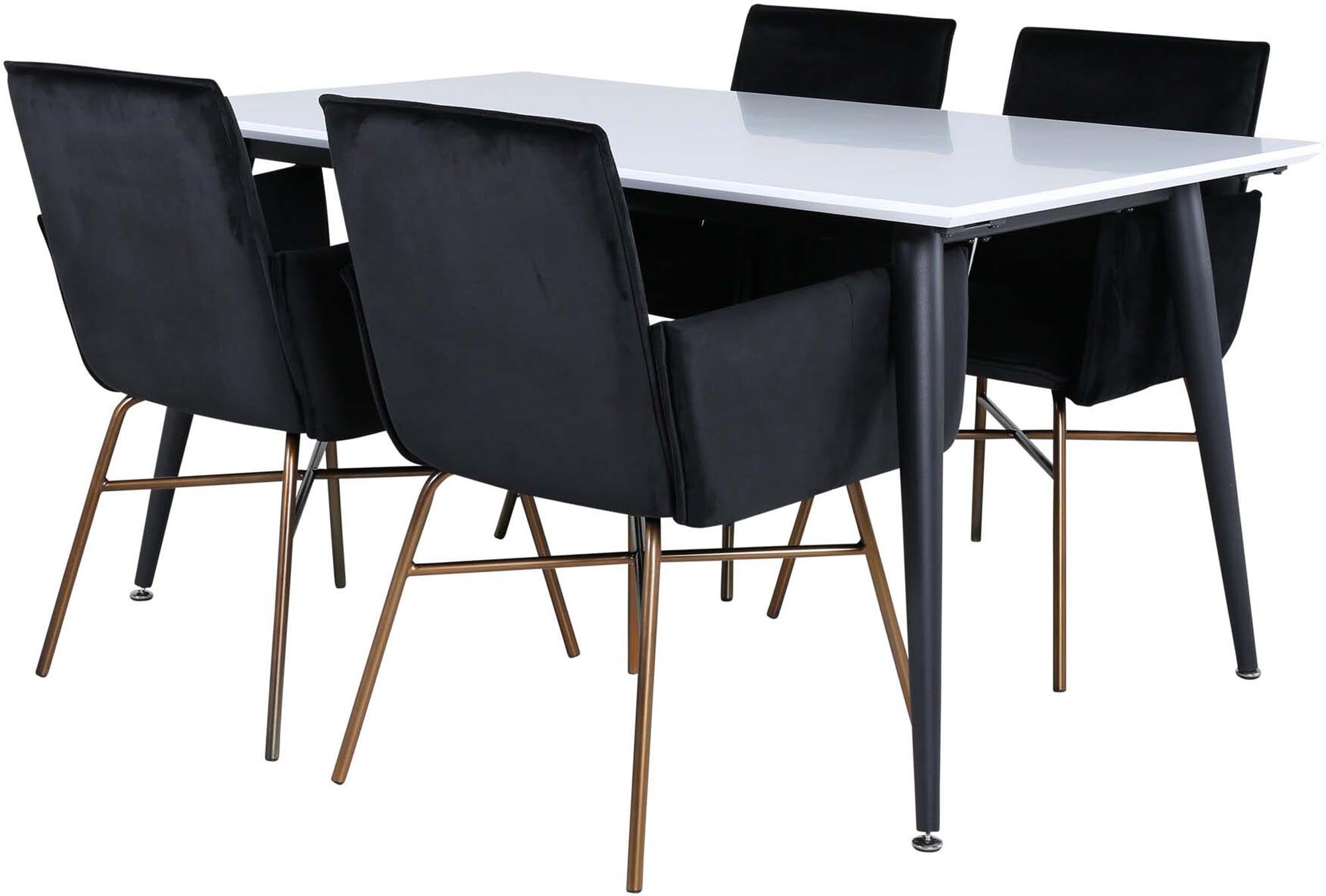 Elegantes Esszimmerset: Ausziehbarer Tisch (150-240cm) mit HPL/MDF, schwarze Samtstühle, kupferfarbene Beine.