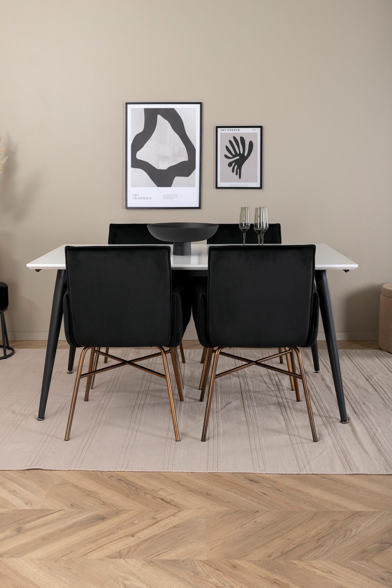 Stilvolles Esszimmerset: Ausziehbarer Tisch (150-240 cm) aus HPL/MDF, kombiniert mit luxuriösen schwarzen Samtstühlen und eleganten kupferfarbenen Beinen.