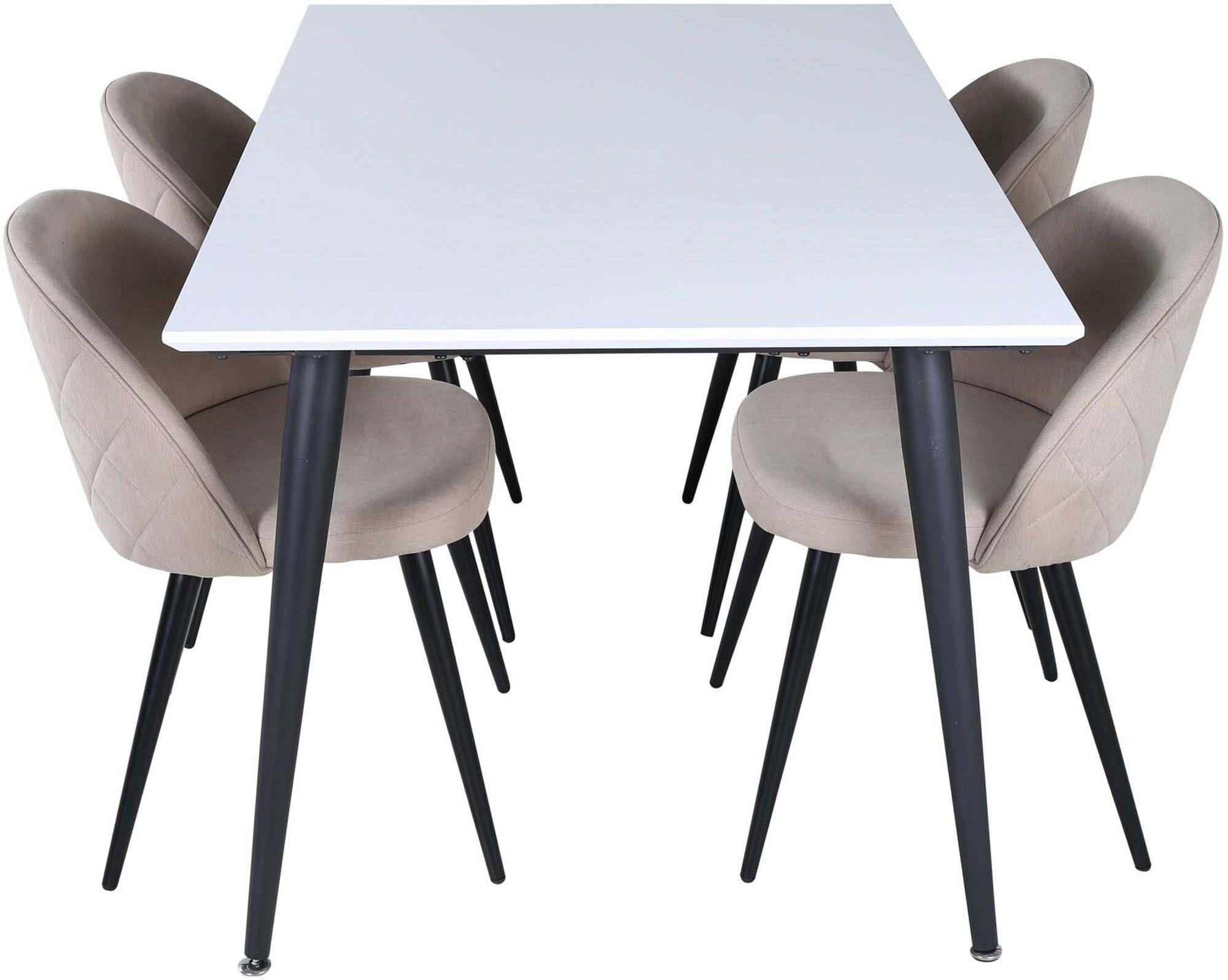 Entdecken Sie das Jimmy Esszimmerset von Venture Home: Ein ausziehbarer Tisch (150-240 cm) und 4 stilvolle Velvet-Stühle für gesellige Abende.