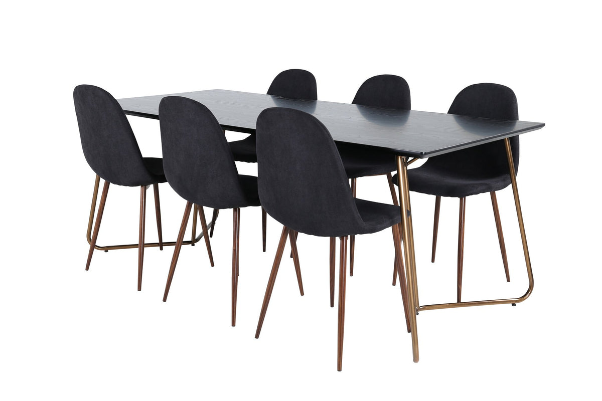 Esszimmerset Petra + Polar: schwarzer Tisch mit MDF-Furnierplatte auf Stahlbeinen, sechs Stühle mit Samt-Sitzkissen und Bugholzbeinen.