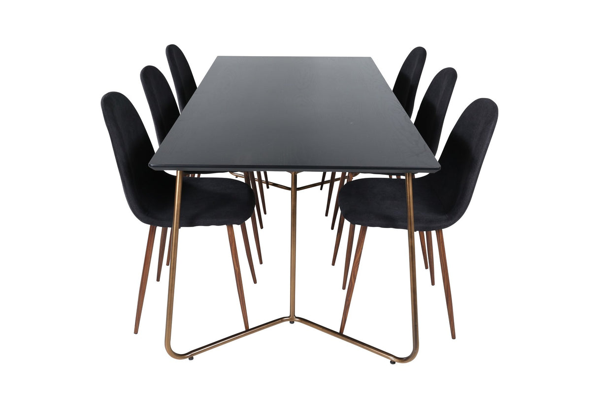 Esszimmerset Petra + Polar: schwarzer Tisch mit MDF-Furnierplatte auf Stahlbeinen, sechs Stühle mit Samt-Sitzkissen und Bugholzbeinen.