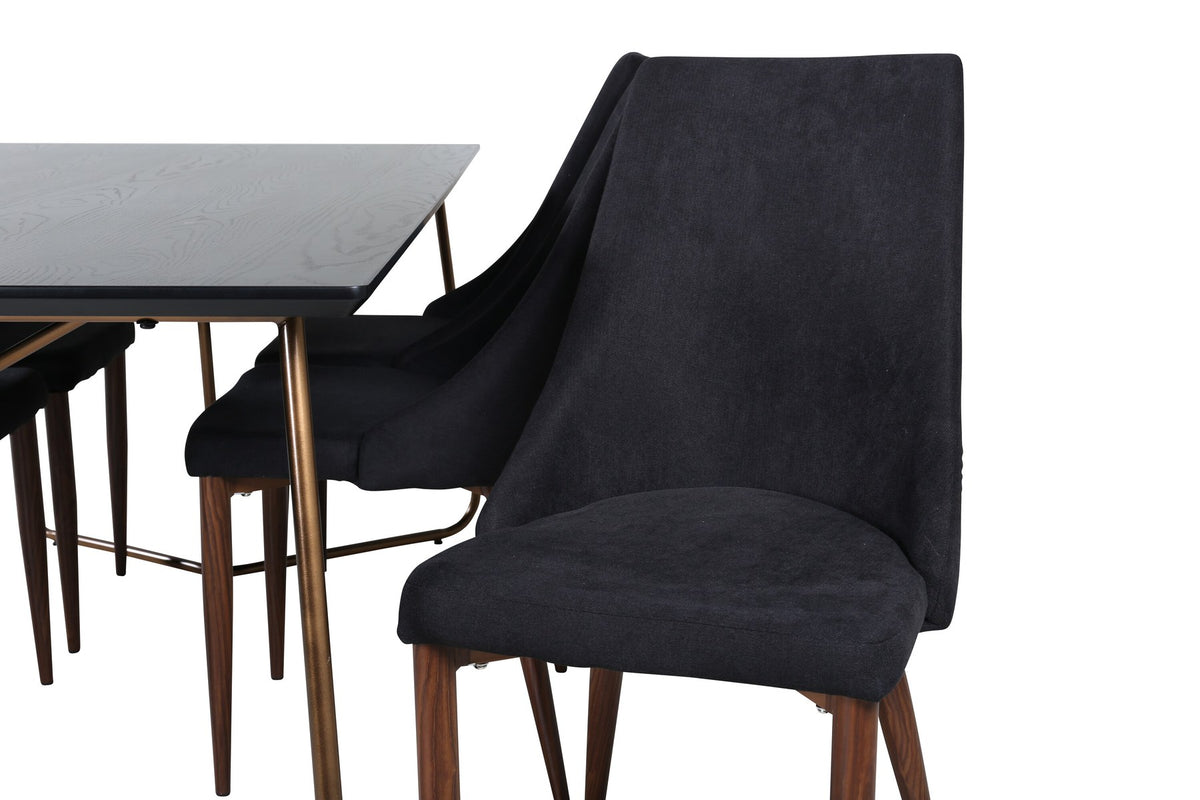 Rechteckiger Esstisch aus schwarzem MDF mit Furnier und Stahlbeinen, dazu zwei Esszimmerstühle mit schwarzer Sitzfläche und Metallgestell.