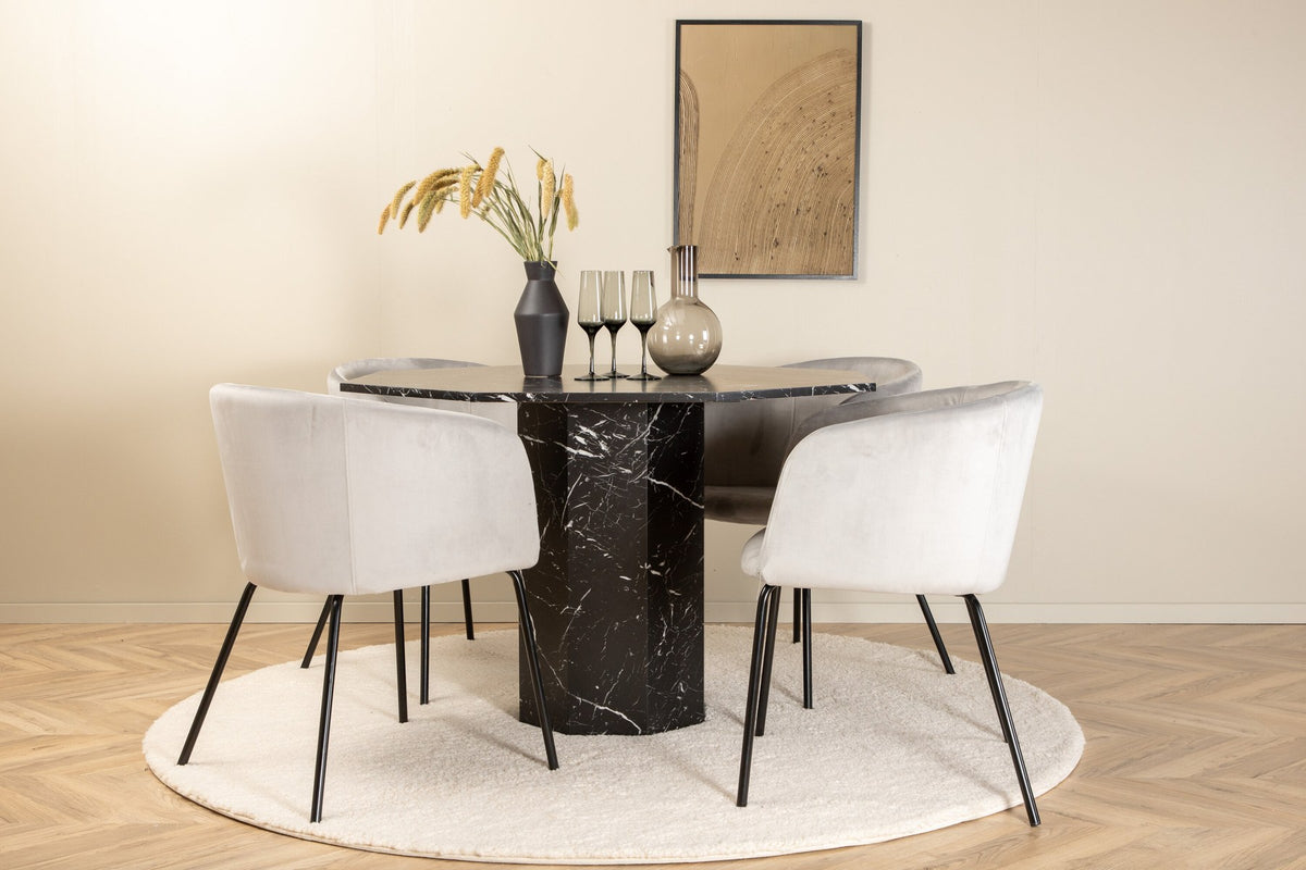 Esszimmerset mit vier grauen Stühlen mit schwarzer Pulverbeschichtung und rundem Esstisch ⌀110cm mit schwarzer Tischplatte und MDF-Tischbein.