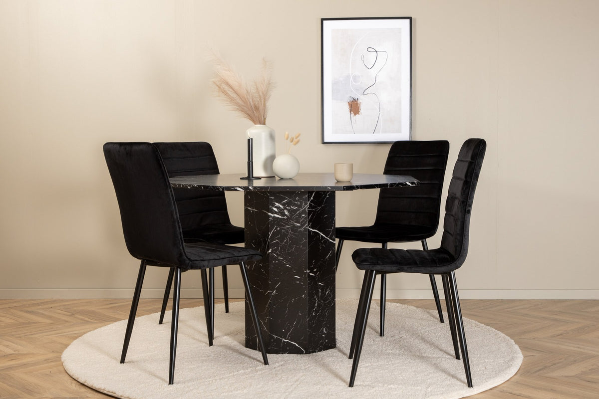 Rundes Esszimmerset aus MDF in Schwarz: achteckiger Tisch ⌀110 cm mit Marmorglas-Platte und 2 Stühlen mit schwarzem Samtbezug