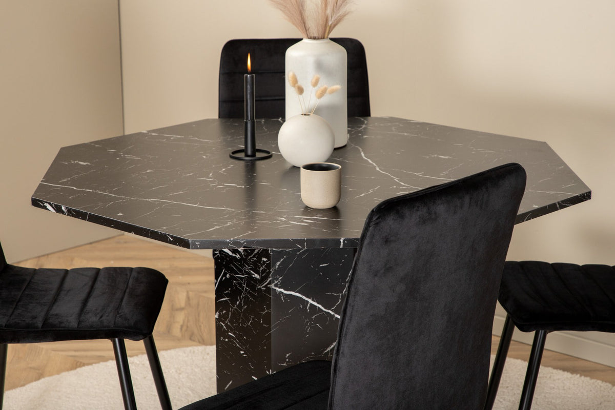 Rundes Esszimmerset aus MDF in Schwarz: achteckiger Tisch ⌀110 cm mit Marmorglas-Platte und 2 Stühlen mit schwarzem Samtbezug