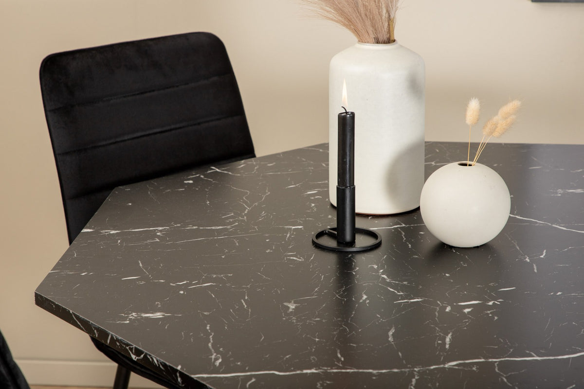 Rundes Esszimmerset aus MDF in Schwarz: achteckiger Tisch ⌀110 cm mit Marmorglas-Platte und 2 Stühlen mit schwarzem Samtbezug