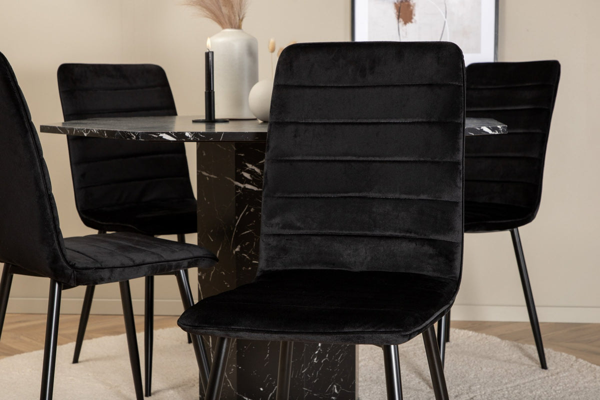 Rundes Esszimmerset aus MDF in Schwarz: achteckiger Tisch ⌀110 cm mit Marmorglas-Platte und 2 Stühlen mit schwarzem Samtbezug