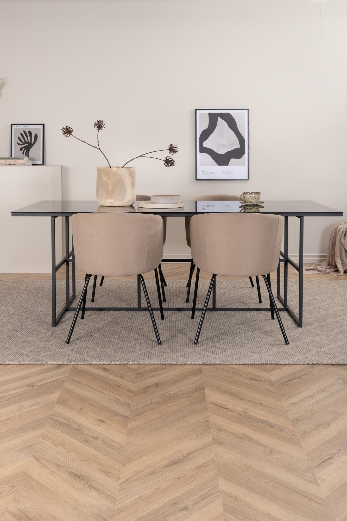 Stilvolles Esszimmerset: Leif Tisch mit schwarzem Rauchglas, Berit Stühle in beigem Leinen. Modern, elegant, funktional.