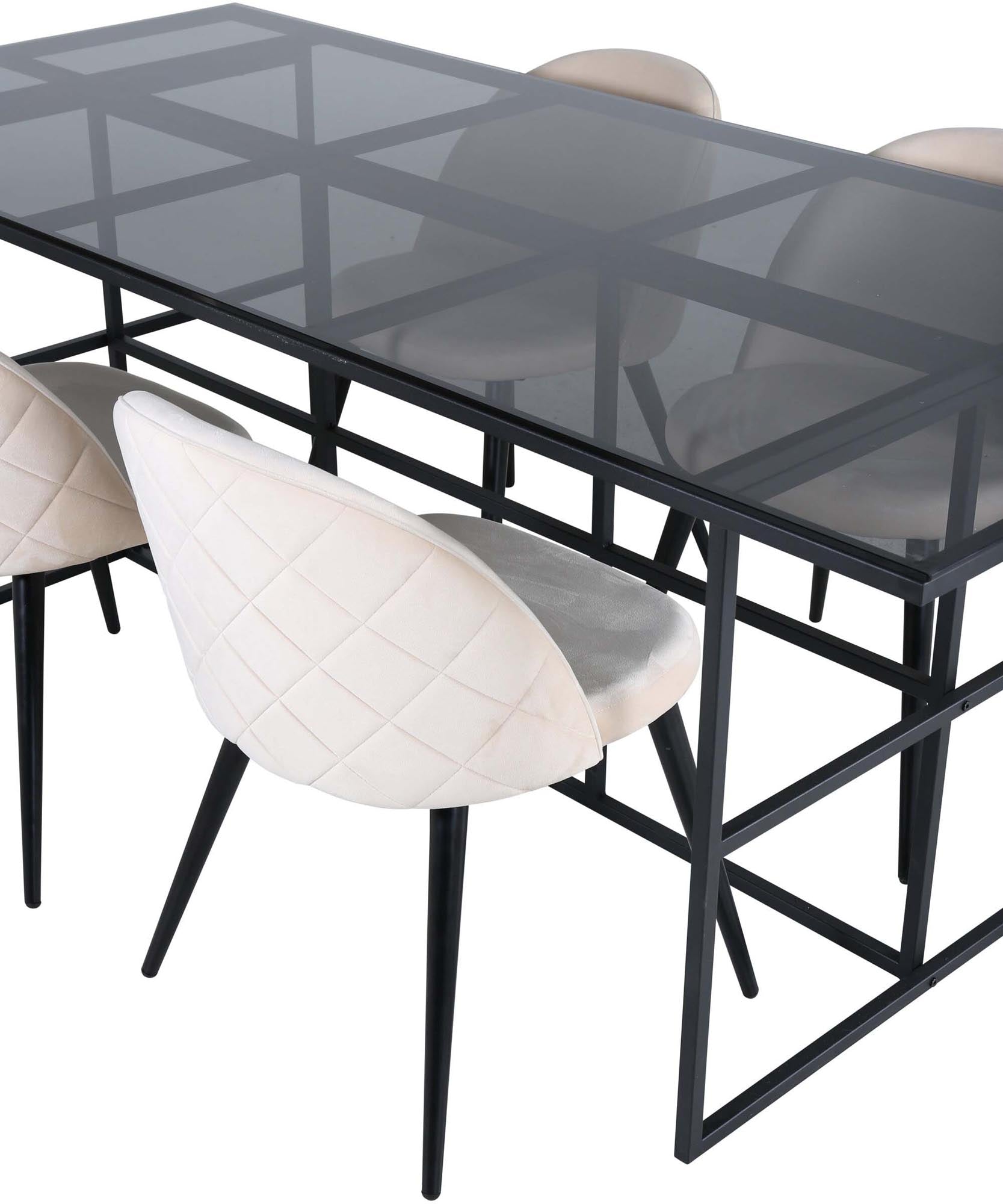 Modernes Leif Esszimmerset: 200 cm Esstisch aus rauchschwarzem Glas mit 4 bequemen Velvet-Stühlen für stilvolle Esszimmergestaltung.