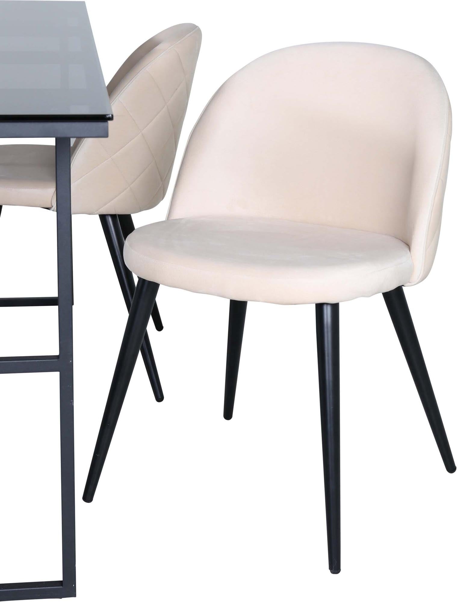 Elegantes Leif Esszimmerset: 200 cm langer Esstisch aus edlem Glas und 4 komfortablen Samtstühlen für ein modernes Esszimmerambiente.