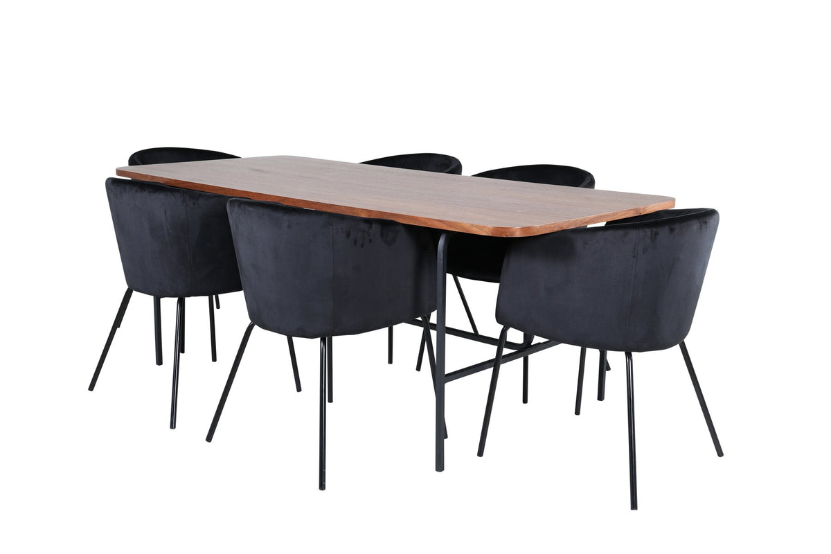 Esstisch mit Platte aus MDF und Walnussfurnier, schwarzem Metallgestell, kombiniert mit sechs Berit-Stühlen aus beigem Samtstoff und schwarzen Beinen.