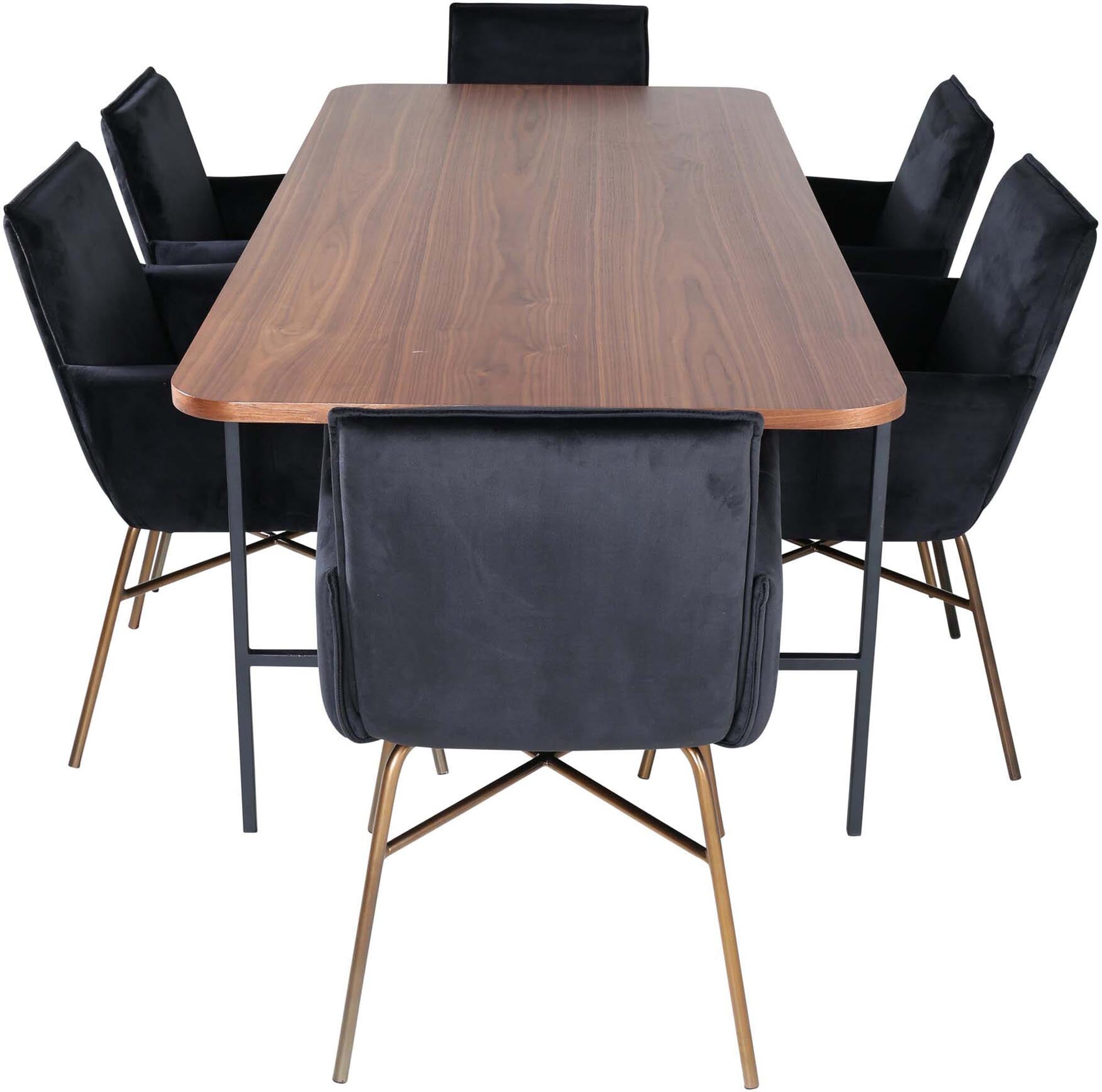 Uno Esszimmerset + Petra 200cm/6St. in Schwarz, Kupfer präsentiert im Onlineshop von KAQTU Design AG. Esszimmerset ist von Venture Home