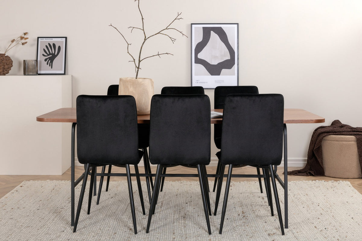 Esszimmerset Uno und Windu von Venture Home: rechteckiger Tisch mit Nussbaum-Tischplatte aus MDF und Furnier, sechs Stühle mit schwarzem Samtbezug