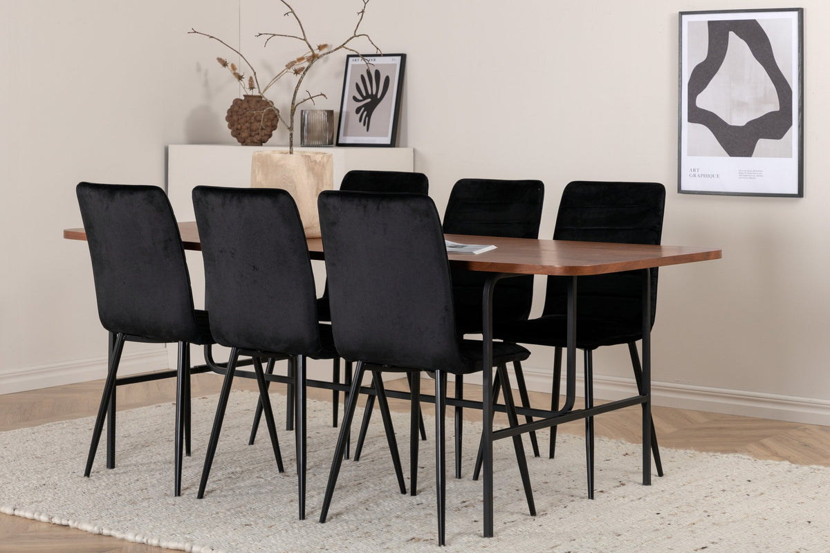 Esszimmerset Uno und Windu von Venture Home: rechteckiger Tisch mit Nussbaum-Tischplatte aus MDF und Furnier, sechs Stühle mit schwarzem Samtbezug