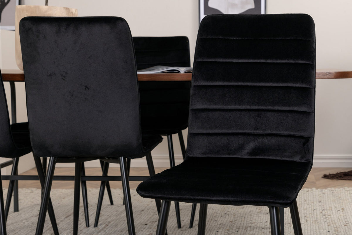 Esszimmerset Uno und Windu von Venture Home: rechteckiger Tisch mit Nussbaum-Tischplatte aus MDF und Furnier, sechs Stühle mit schwarzem Samtbezug