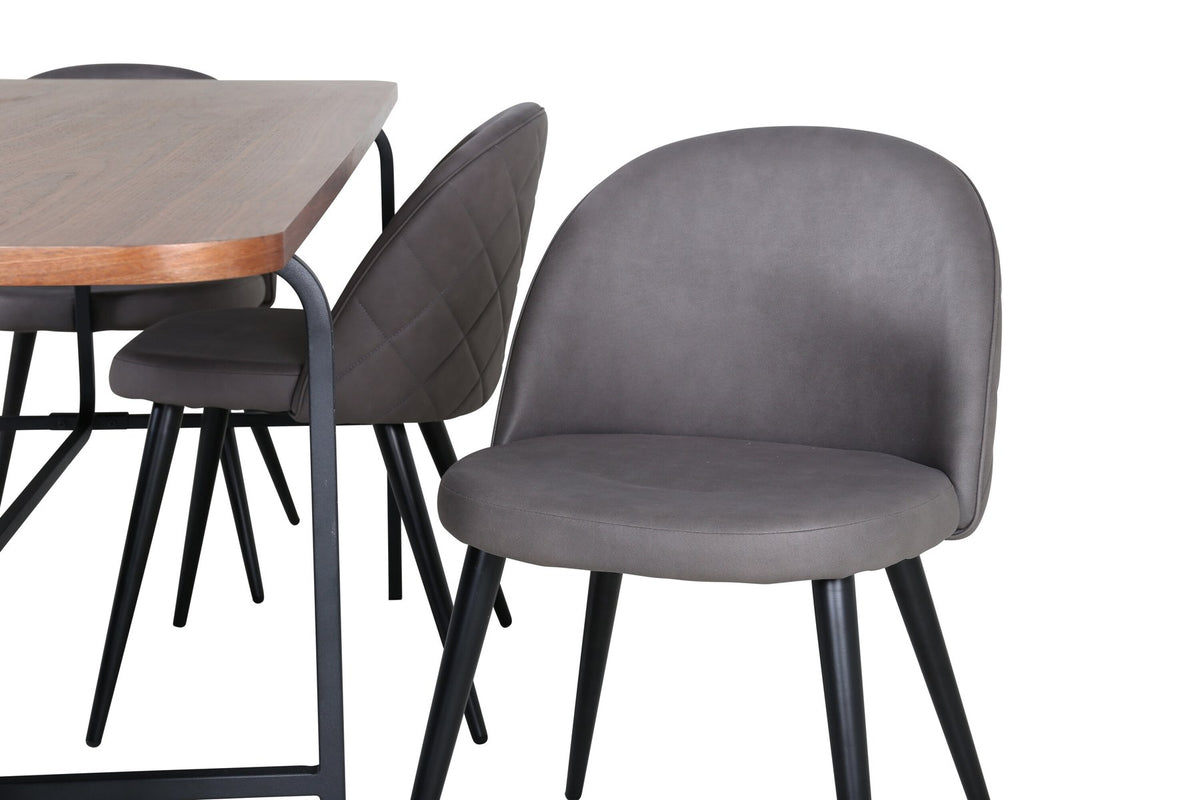 Rechteckiger Esstisch mit Tischplatte aus Nussbaum-MDF und Furnier, schwarzem Stahlgestell, kombiniert mit grauen Velvet-Stühlen mit Steppung