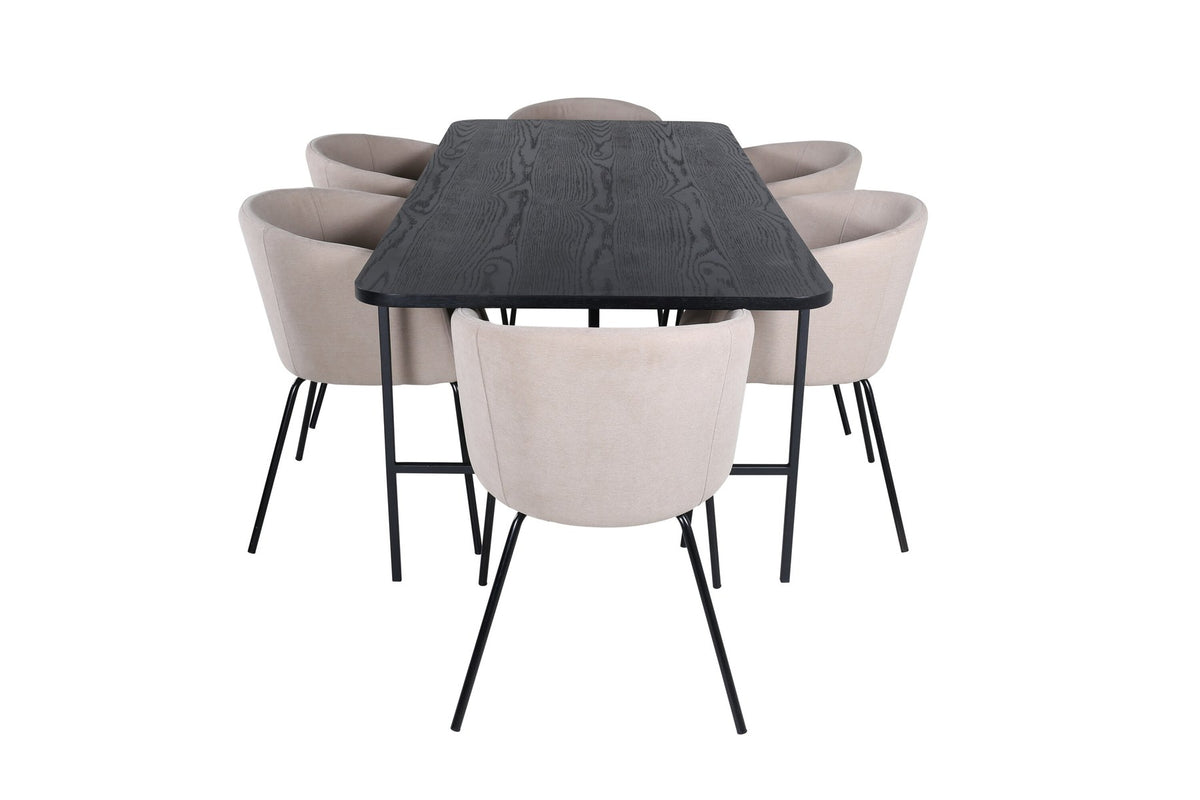 Esszimmerset Uno mit schwarzer MDF-Tischplatte und Metallgestell, kombiniert mit sechs Berit-Stühlen in Beige mit schwarzen Eisenbeinen.