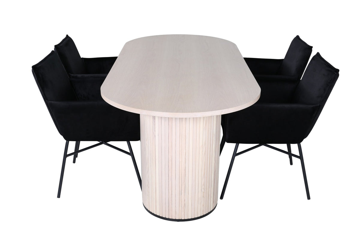 Schwarzer Esszimmerstuhl mit Pulverbeschichtung und ovaler Esstisch mit Whitewash-Tischplatte aus MDF, Set von Venture Home.