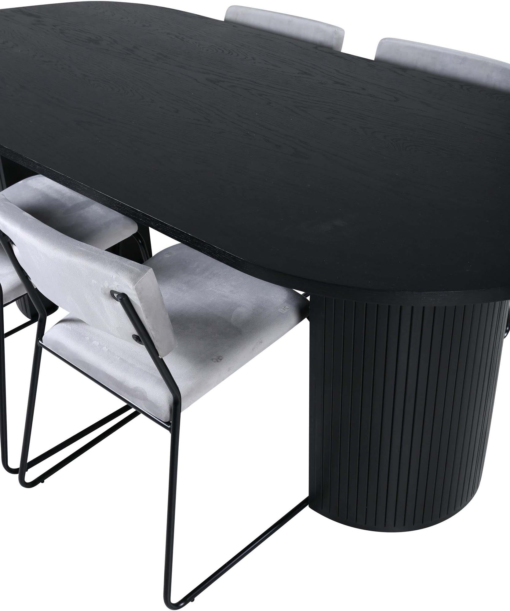 Elegantes Esszimmerset mit schwarzem MDF-Tisch und grauen Samtstühlen. Modernes Design, Komfort und Stabilität vereint.