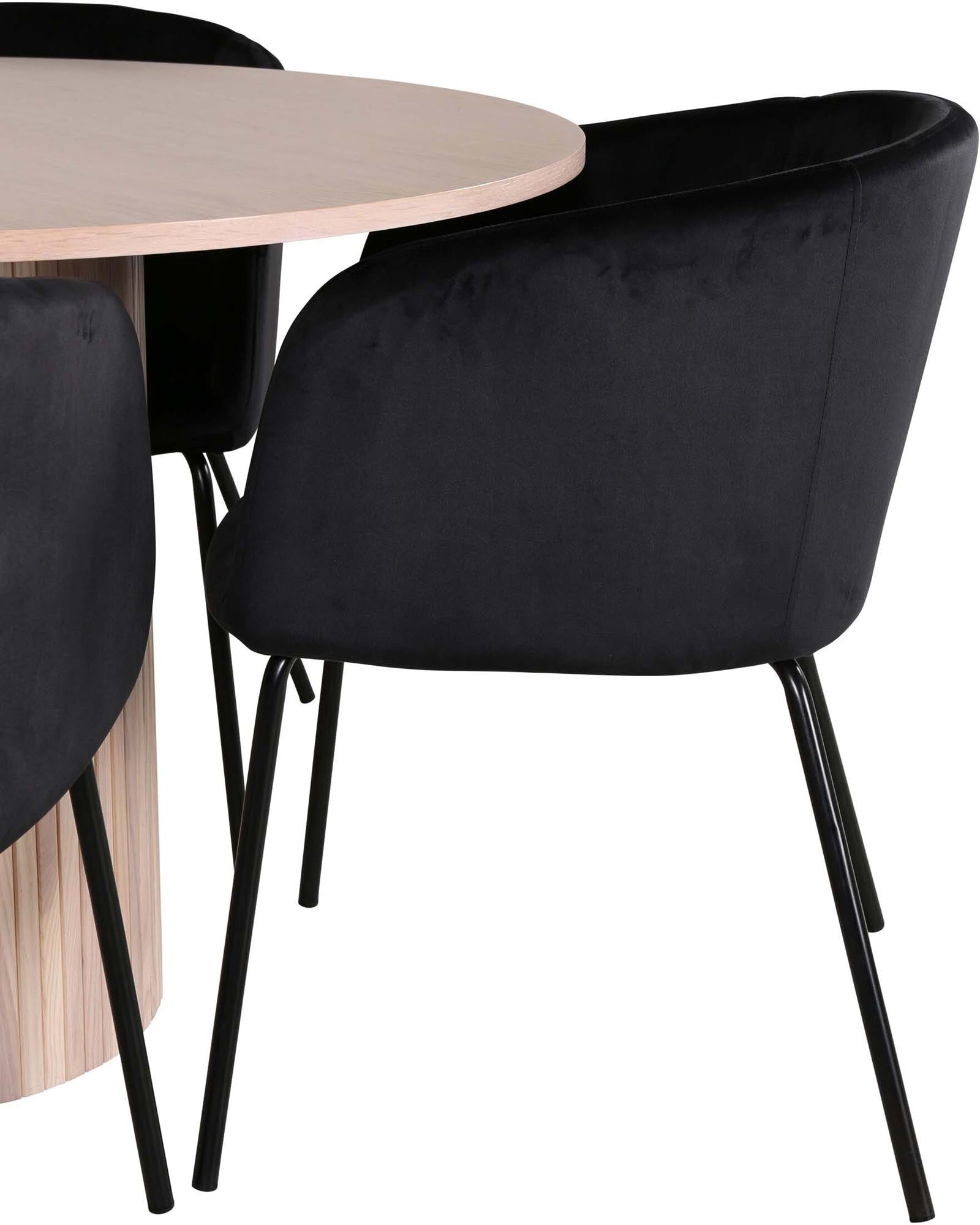 Modernes Bianca Esszimmerset von Venture Home: Runde MDF-Tischplatte, 4 luxuriöse Samt-Stühle, perfekt für gesellige Abende und elegantes Ambiente.