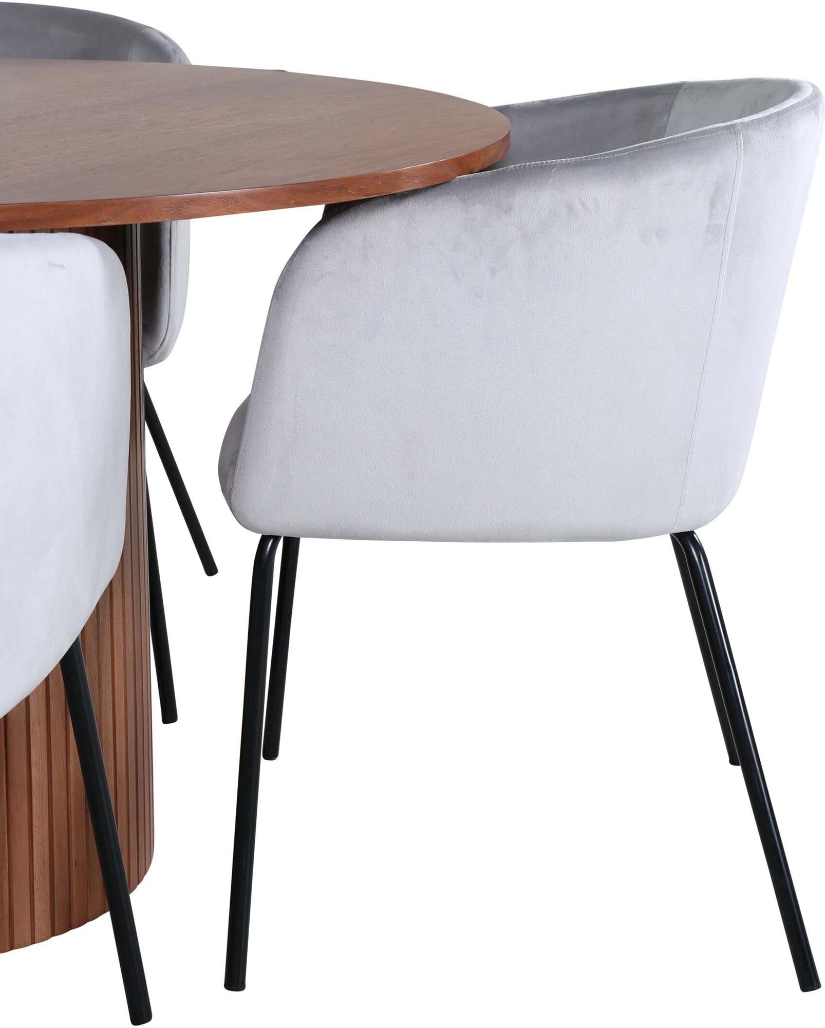 Bianca Esszimmerset + Berit: Eleganter runder Tisch mit 4 beigen Samt-Stühlen, ideal für stilvolle Dinner und gesellige Abende.