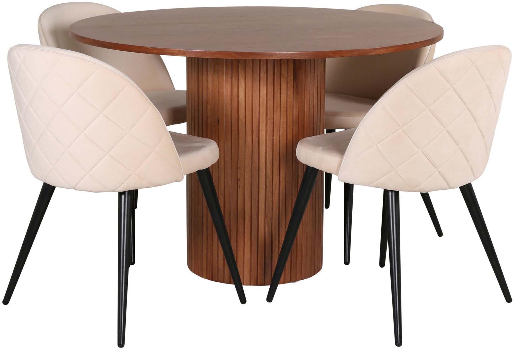 Stilvolles Bianca Esszimmerset mit rundem 110 cm Tisch und 4 bequemen Velvet-Stühlen für einladende Essbereiche.