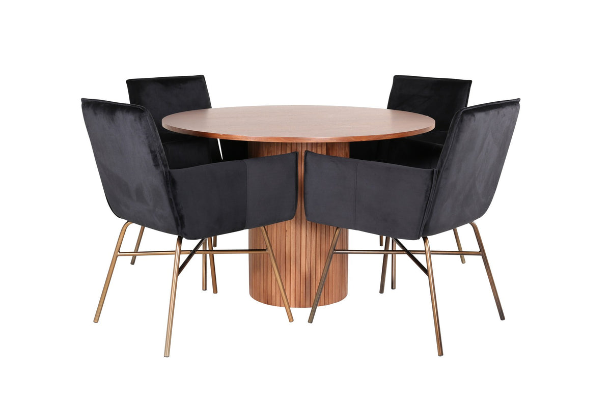 Rundes Esszimmerset mit Nussbaum-Tischplatte Ø110cm aus MDF und vier schwarzen Stühlen mit Samtsitz und Beinen aus Eisen.