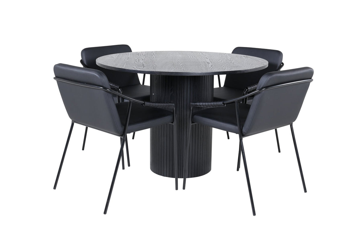 Schwarzes Esszimmerset Tvist & Bianca von Venture Home mit rundem MDF-Tisch Ø110 cm und zwei pulverbeschichteten Stühlen im modernen Design.