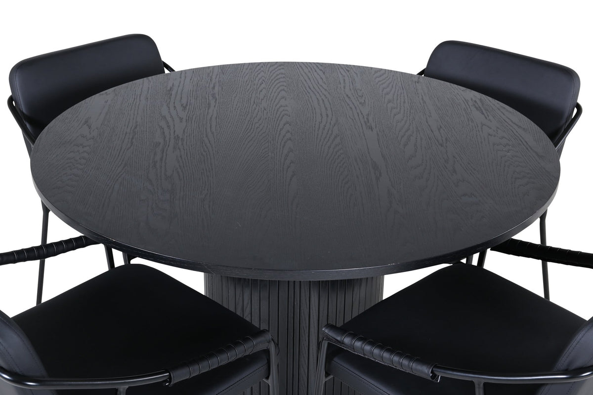 Schwarzes Esszimmerset Tvist & Bianca von Venture Home mit rundem MDF-Tisch Ø110 cm und zwei pulverbeschichteten Stühlen im modernen Design.