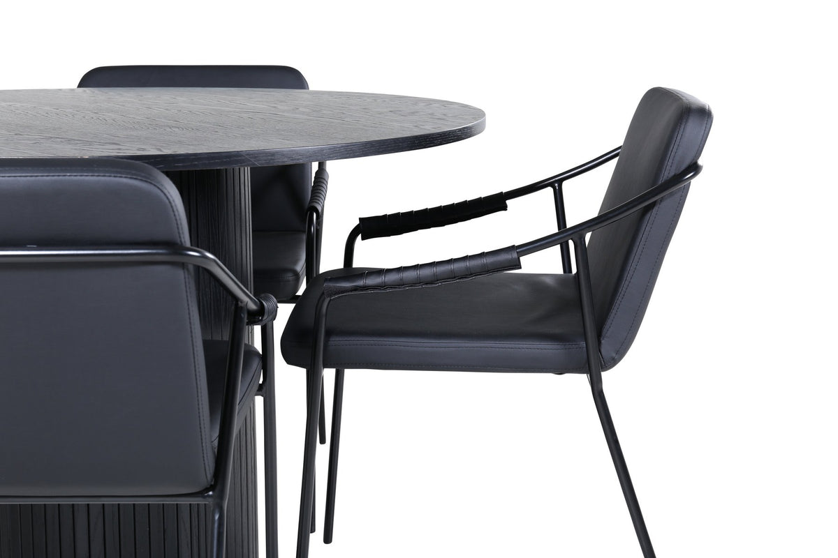 Schwarzes Esszimmerset Tvist & Bianca von Venture Home mit rundem MDF-Tisch Ø110 cm und zwei pulverbeschichteten Stühlen im modernen Design.