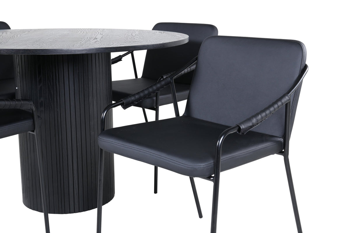 Schwarzes Esszimmerset Tvist & Bianca von Venture Home mit rundem MDF-Tisch Ø110 cm und zwei pulverbeschichteten Stühlen im modernen Design.