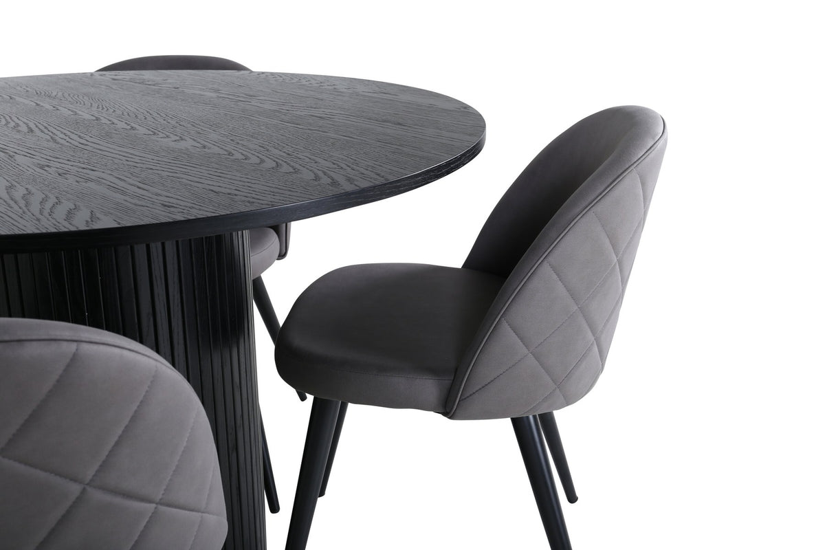 Runder schwarzer Esstisch aus MDF mit zwei grauen Esszimmerstühlen aus Mikrofaser und schwarzen Metallbeinen, Venture Home Esszimmerset.