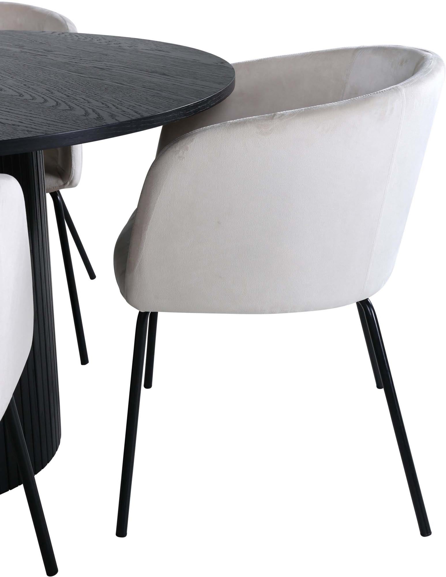 Modernes Bianca Esszimmerset mit stilvollem runden Tisch und 4 bequemen Samtstühlen, ideal für gesellige Abende und elegantes Ambiente.