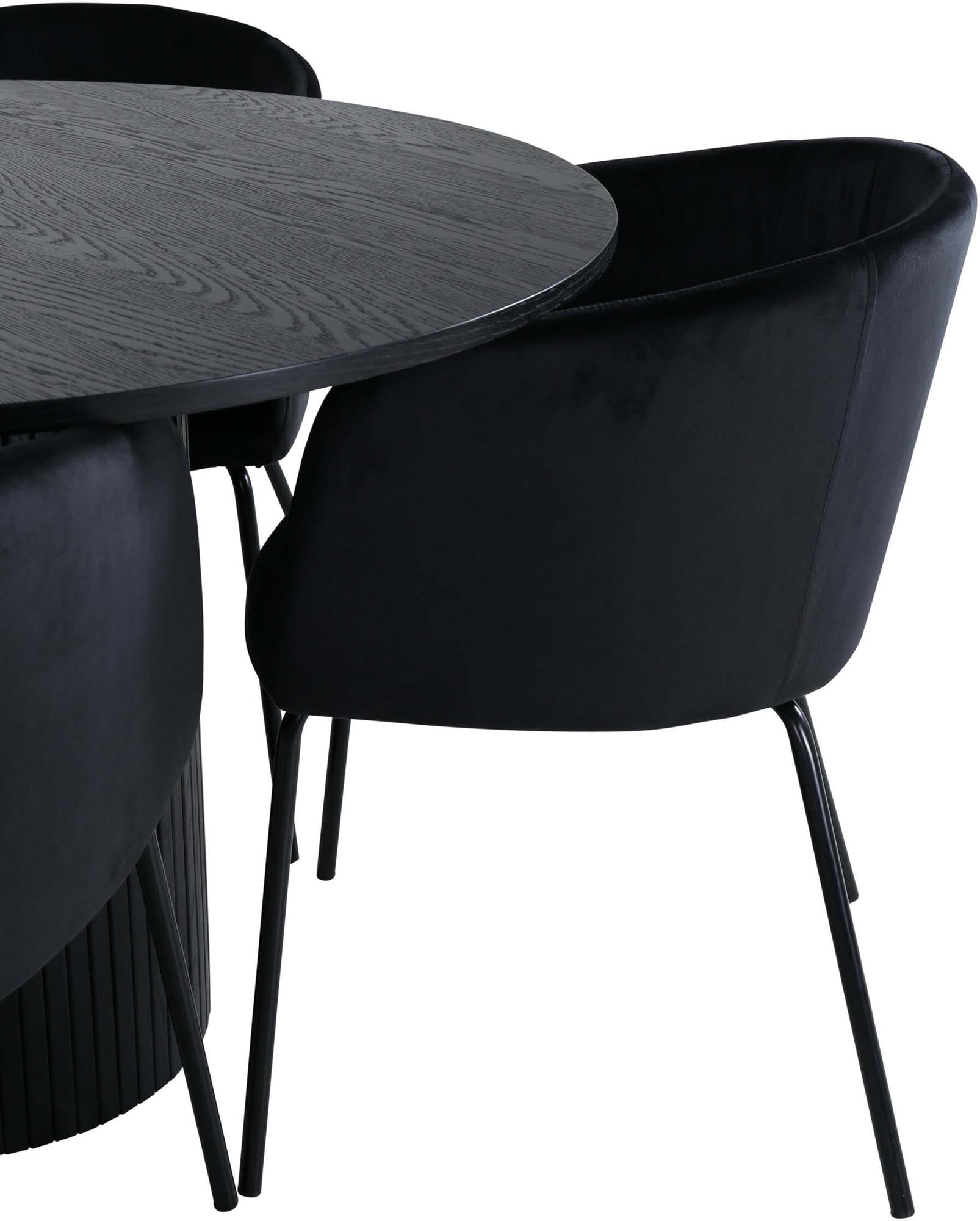 Elegantes Bianca Esszimmerset mit runder MDF-Tischplatte in Schwarz und 4 beigen Samtstühlen. Perfekt für gesellige Abende und stilvolle Einrichtung.