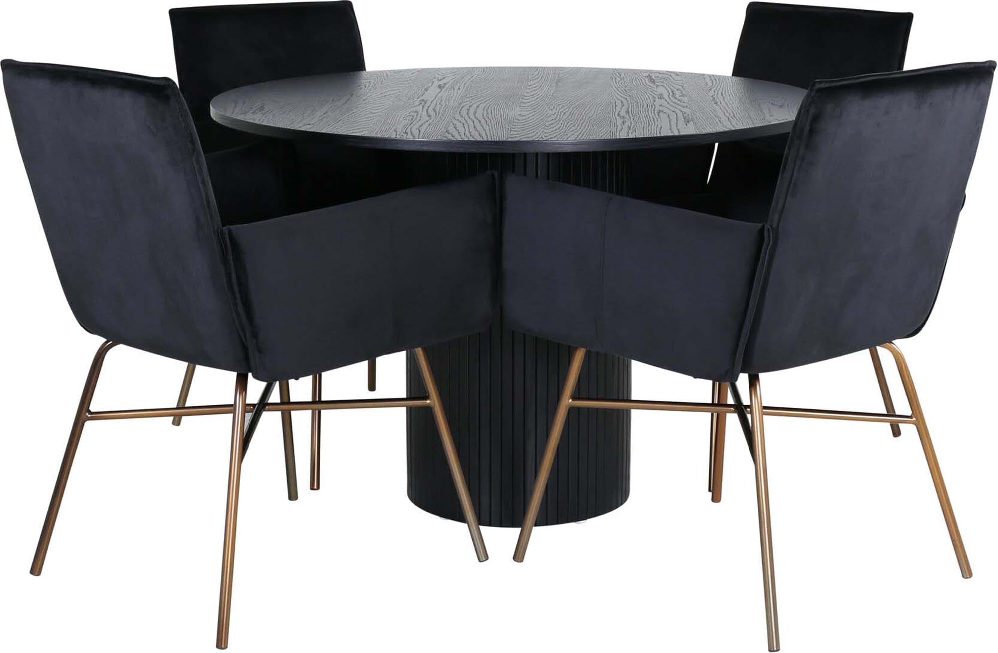 Entdecken Sie das Bianca Esszimmerset + Petra von Venture Home: eleganter runder Esstisch und luxuriöse Samtstühle für stilvolle Esszimmer.