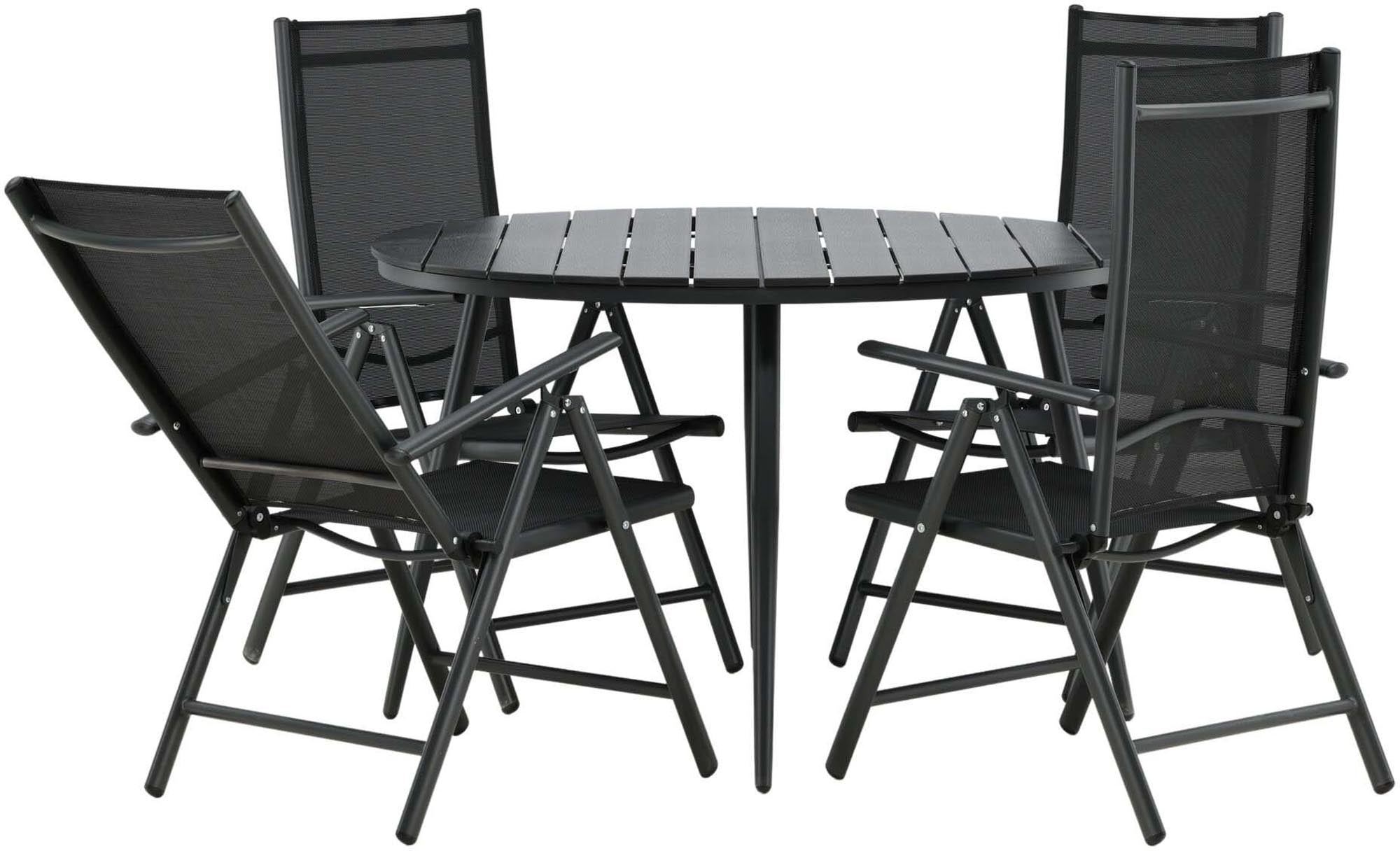 Entdecken Sie das stilvolle Break Outdoor-Tischset ⌀120cm für 4 Personen von Venture Home – ideal für gesellige Abende im Freien.