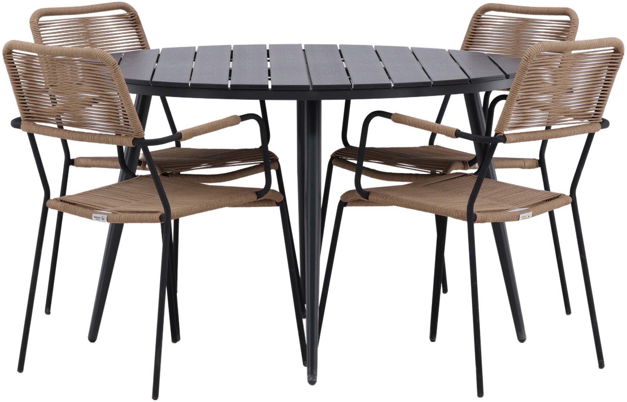 Elegantes Outdoor-Tischset für 4 Personen, wetterfest und pflegeleicht. Ideal für entspannte Stunden im Freien mit modernem Design.