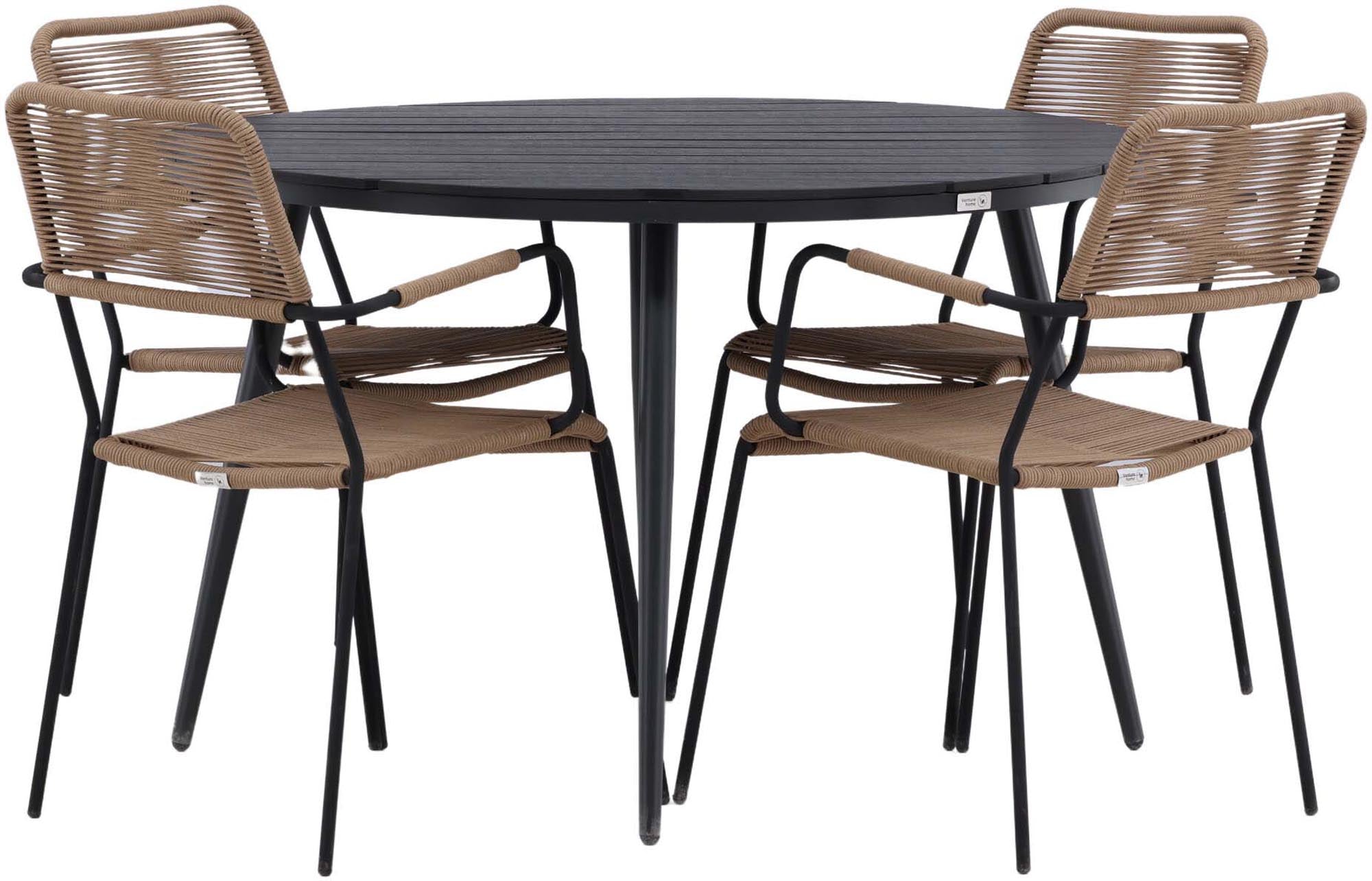 Stilvolles Gartentischset für 4 Personen, wetterfest und pflegeleicht. Perfekt für entspannte Stunden im Freien und gesellige Anlässe.